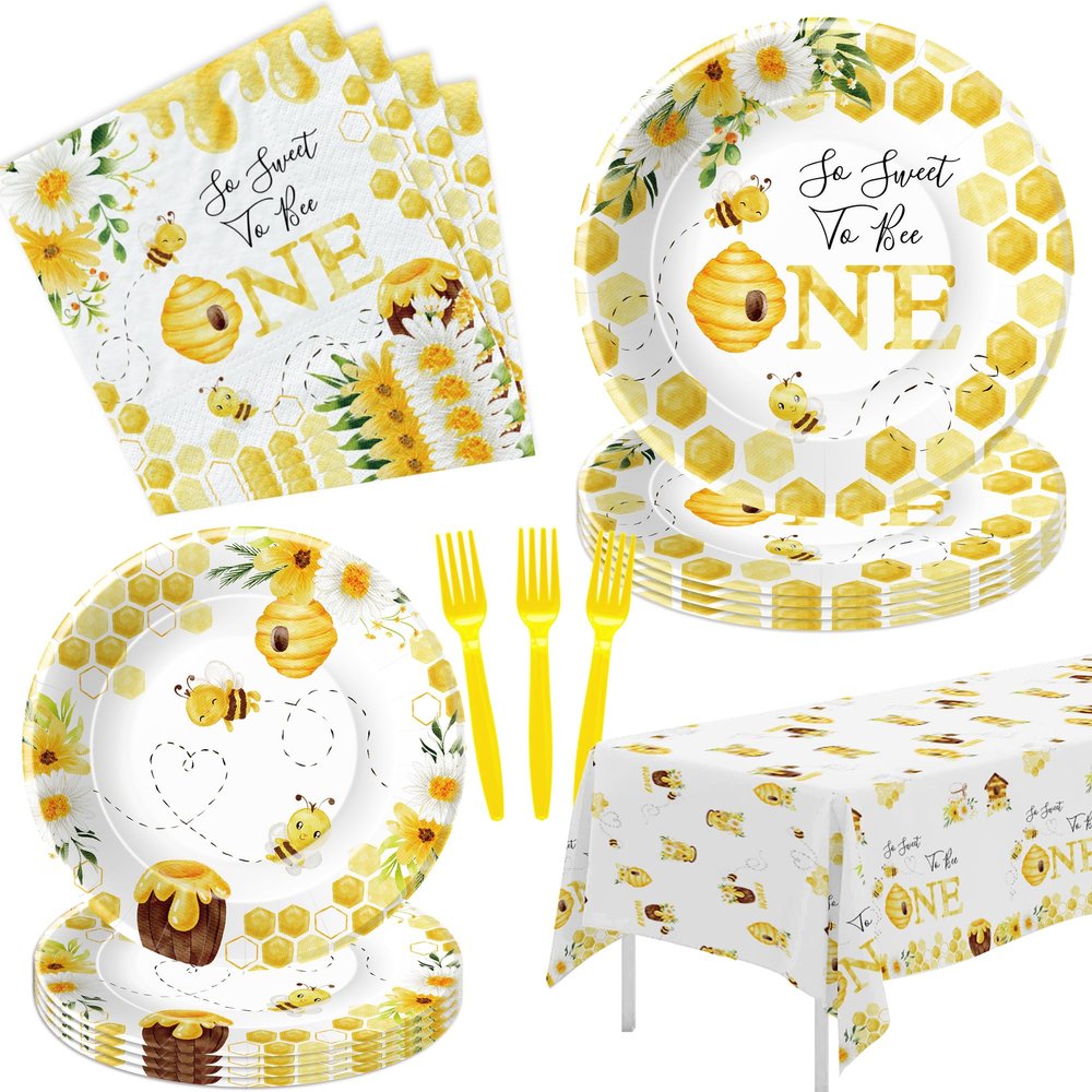 APOWBLS First Bee Day Birthday Party Decorations Tableware - Bumble Bee 1st Birthday Party Supplies, Plate, Napkin, Tablecloth, Fork | Serves 24