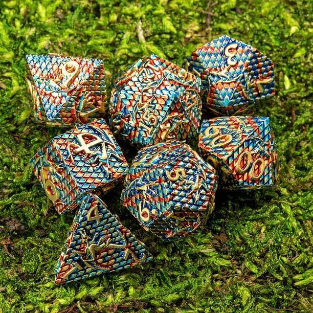 Sage's Portal Dragonstones Solid Metal DND Dice 7 Piece Polyhedral Dice Set for DND TTRPG Dungeons and Dragons Pathfinder (Dragonscales Green/Red/Gold)
