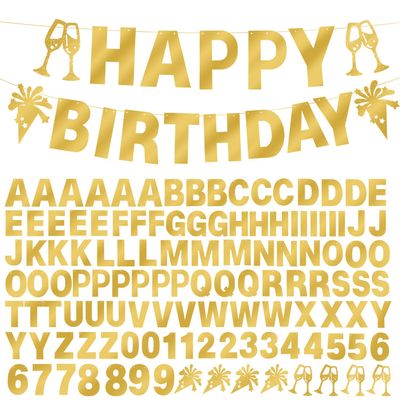 129Pcs DIY Custom Letter Banner Glitter Customizable Banner Kit 0-9 Numbers DIY Kids Happy Birthday Letters Light Rope Personalized Banners for Wedding Birthday Party Decorations Supplies(Shiny Gold)