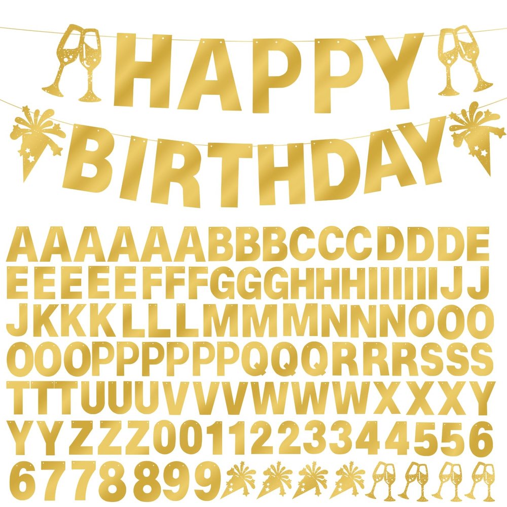 129Pcs DIY Custom Letter Banner Glitter Customizable Banner Kit 0-9 Numbers DIY Kids Happy Birthday Letters Light Rope Personalized Banners for Wedding Birthday Party Decorations Supplies(Shiny Gold)