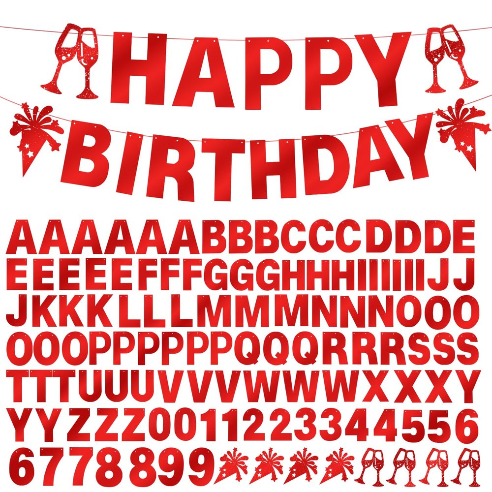 129Pcs Glitter Customizable Banner Kit DIY Custom Letter Banners Happy Birthday Letters 0-9 Numbers Anniversary Valentine's Day Personalized Banner Wedding Birthday Party Decoration Supplies(Shiny Red)