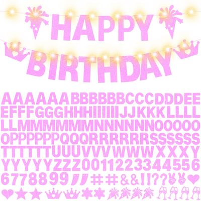 175Pcs DIY Custom Letter Banner Glitter Customizable Banner Kit 0-9 Numbers DIY Girls Happy Birthday Letters Personalized Banners for Wedding Birthday Party Decorations Supplies(Dazzling Light Pink)