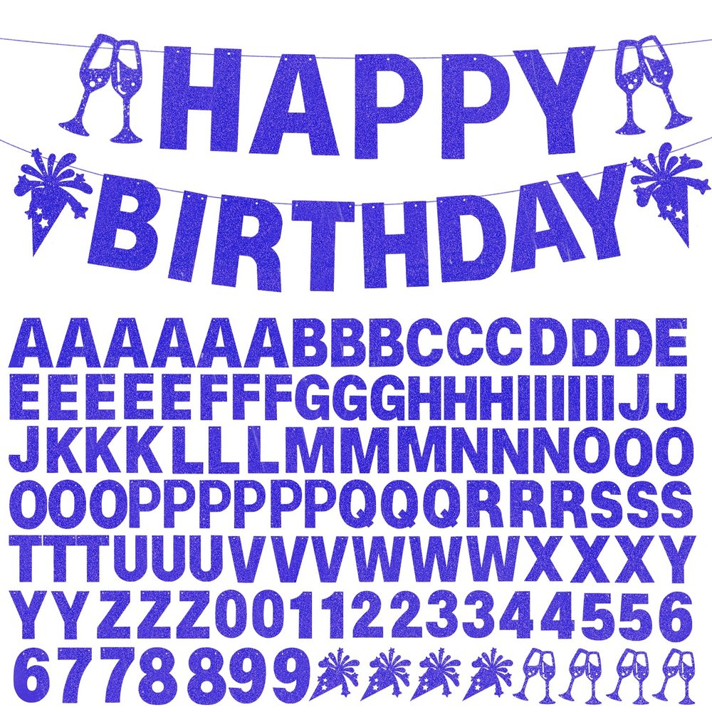 129Pcs Glitter Customizable Banner Kit DIY Custom Letter Banners DIY Happy Birthday Letters 0-9 Numbers Personalized Banner Decor Baby Shower Birthday Party Decorations Supplies(Dazzling Sapphire blue)