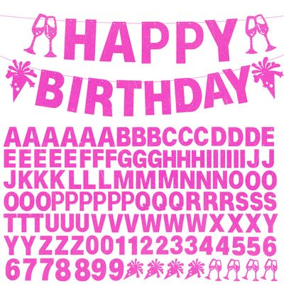 129Pcs DIY Custom Letter Banner Glitter Customizable Banner Kit 0-9 Numbers DIY Girls Happy Birthday Letters Valentine's Day Personalized Banners Birthday Party Decorations Supplies(Dazzling Rose Pink)