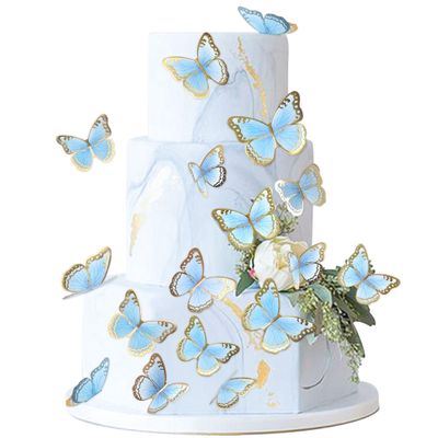 30pcs Blue Gold Butterfly Cake Topper Mixed Size Transparent 3D Waterproof Butterflies Cupcake Topper for Blue Birthday Wedding Cake Decorations Butterfly Party Wall Decorations