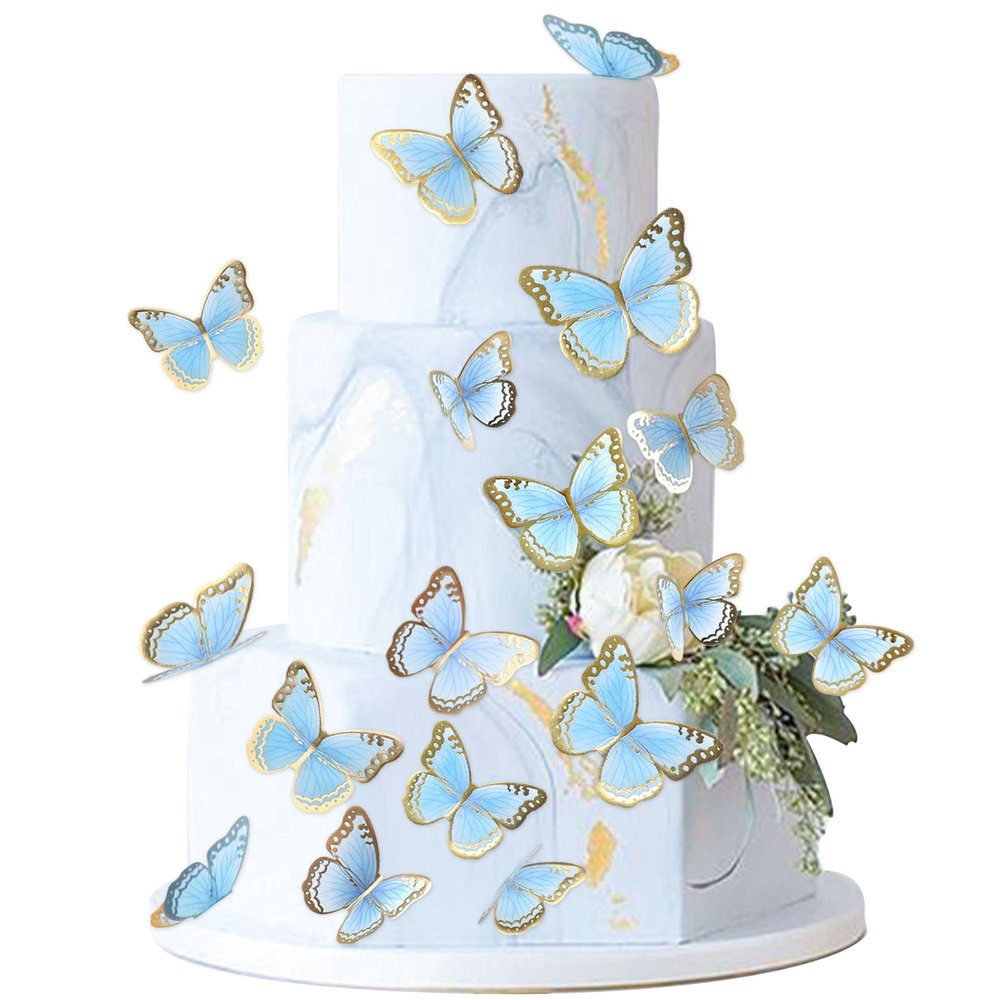 30pcs Blue Gold Butterfly Cake Topper Mixed Size Transparent 3D Waterproof Butterflies Cupcake Topper for Blue Birthday Wedding Cake Decorations Butterfly Party Wall Decorations