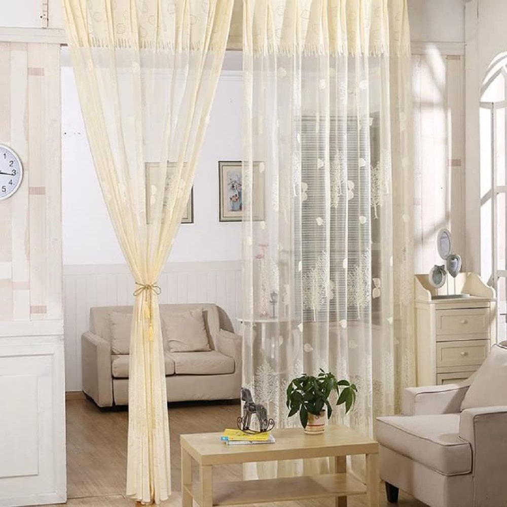 Iuokuby Elegance Voile Sheer Curtains Kids Baby Window Treatments Basic Tree Print Jacquard Rod Pocket Panels for Living Dining Room Bedroom(2 Panels, W 54 x L 90 inch, Yellow)