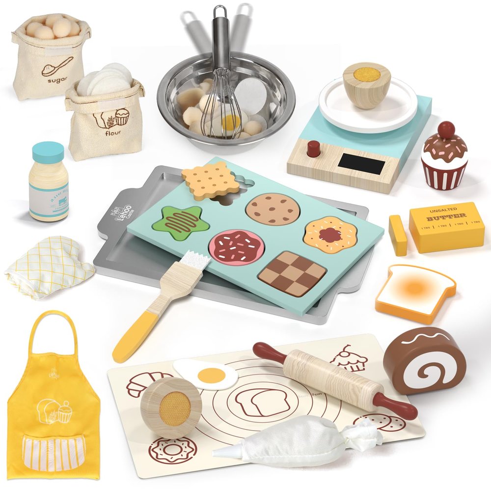 Lehoo Castle Play Food Set for Kids Kitchen, Play Kitchen Accessories Wooden, Kids Baking Set for Boys, Toys Cupcakes and Cookie Maker, Preschool Cooking Toys for Toddlers Boys Girls Ages 3+