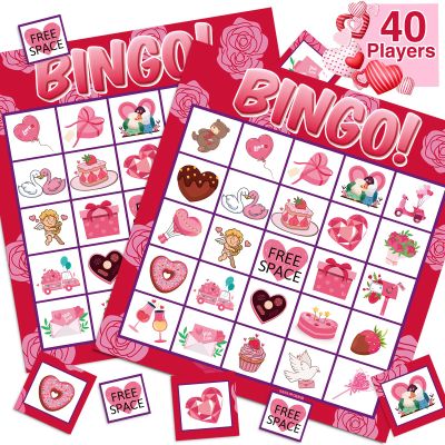 jollylife 40 Players Valentines Day Bingo Cards Party Supplies Activity for Adults(Pink)