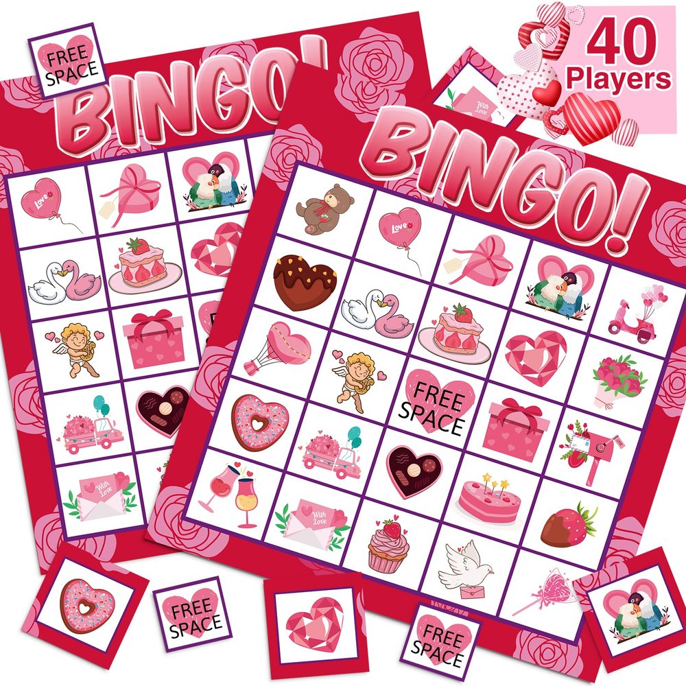 jollylife 40 Players Valentines Day Bingo Cards Party Supplies Activity for Adults(Pink)