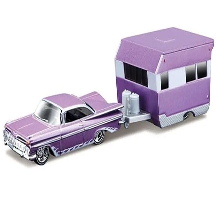 1959 Chevy Impala Purple Metallic with White Graphics and Alameda Trailer Purple Metallic and White Tow & Go Series 1/64 Diecast Model Car 15368-22C