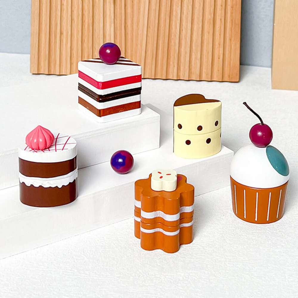 Abaodam 1set Wooden Artificial Cake Decoration for Boys and Girls Realistic Pretend Play Food for for Festivals Parties and Home Styles One