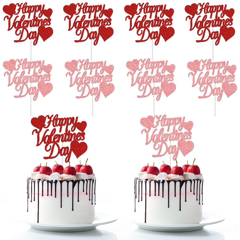 12 Pack Glitter Happy Valentine's Day Cake Toppers, 4.72x4 Inches Sweet Love Food Picks, Large Pink and Red Cake Decorations, Perfect for Valentine's Day Party Supplies