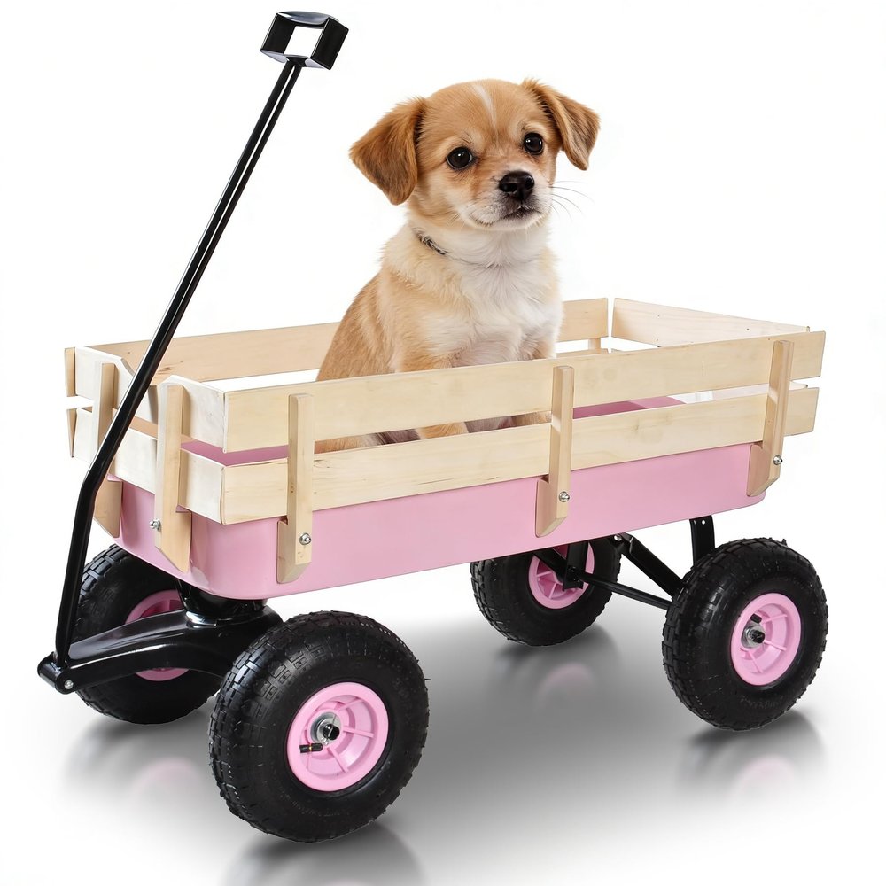 VISRACK Outdoor Sport Wagon All Terrain Pulling w/Removable Wooden Side Panels Air Tires Big Foot Panel Foldable Handle Cart Sturdy All Steel Wagon Bed Pull-Along Wagons (Pink)