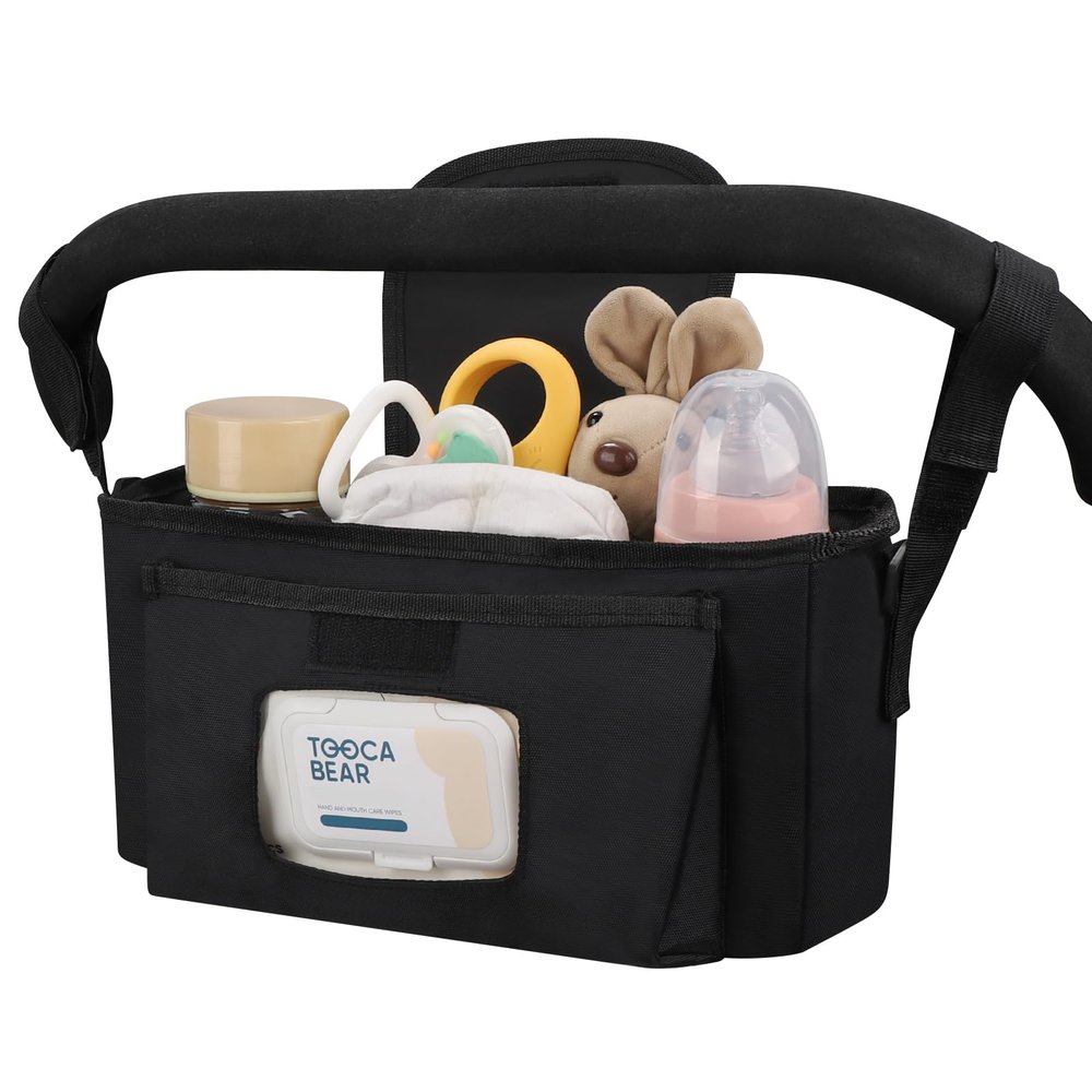 Accmor Universal Stroller Organizer with Insulated Cup Holder and Shoulder Strap, Stroller Caddy Bag Stroller Cup Holder Attachment for Uppababy, Baby Jogger, Britax Strollers, Black