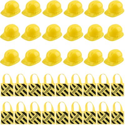36 Pcs Kids Party Favors - 18 Construction Worker Hats and 18 Tote Bags for Dress Up and Fun