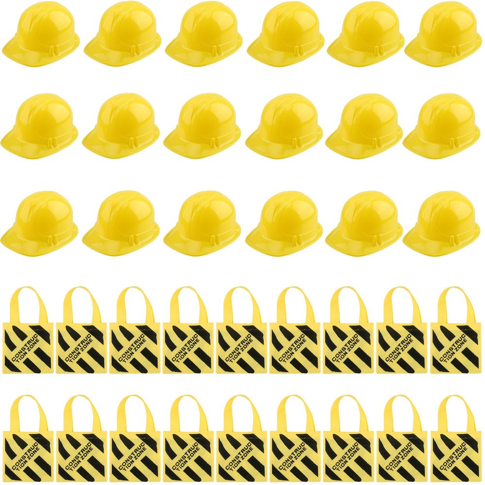 36 Pcs Kids Party Favors - 18 Construction Worker Hats and 18 Tote Bags for Dress Up and Fun