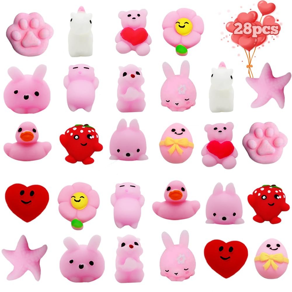 28 Packs Kawaii Mochi Squishy Toys, Squishies Stress Relief Fidget for Kids Classroom Exchange Gifts School Prizes Valentines Day Easter Egg Fillers Party Favor