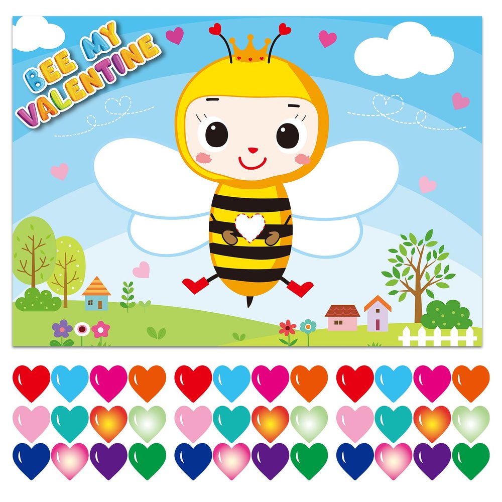 jkhycf Valentines Day Games for Kids Pin The Heart on The Bee Valentines Day Games for Kids Classroom Party Pin Game with Reusable Heart Stickers