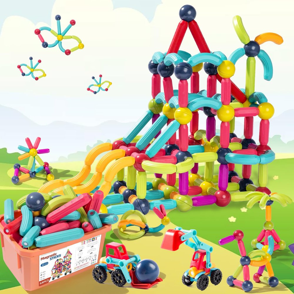 Titrot Magnetic Blocks Kids Toys, 64Pcs Magnetic Building Sticks STEM Educational Sensory Toy Preschool Learning Montessori Toys for Toddlers Boys Girls Ages 3-8 with 2 Cars