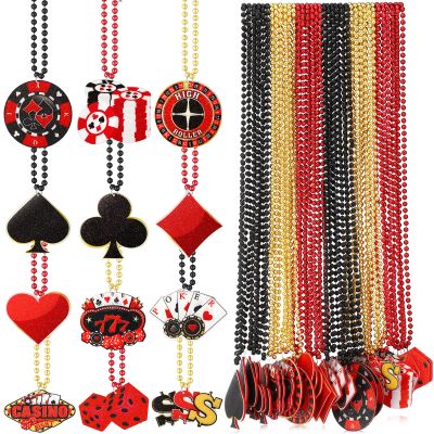 Ferreve 36 Pcs Casino Night Beaded Necklaces Bulk 12 Styles Casino Dice Dollar Sign Necklaces Gold Red Black Beaded Necklace for Birthday Party Favors Supplies (Dice)