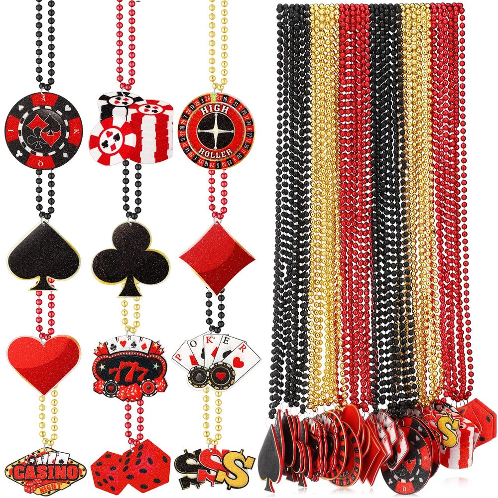 Ferreve 36 Pcs Casino Night Beaded Necklaces Bulk 12 Styles Casino Dice Dollar Sign Necklaces Gold Red Black Beaded Necklace for Birthday Party Favors Supplies (Dice)