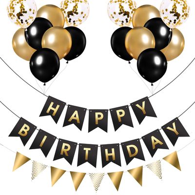 Buygain Happy Birthday Banner and Buntings, Birthday Decorations Black & Gold Set Contains12inch Balloons, Ribbons and Birthday Banners, Happy Birthday Decorations For Men