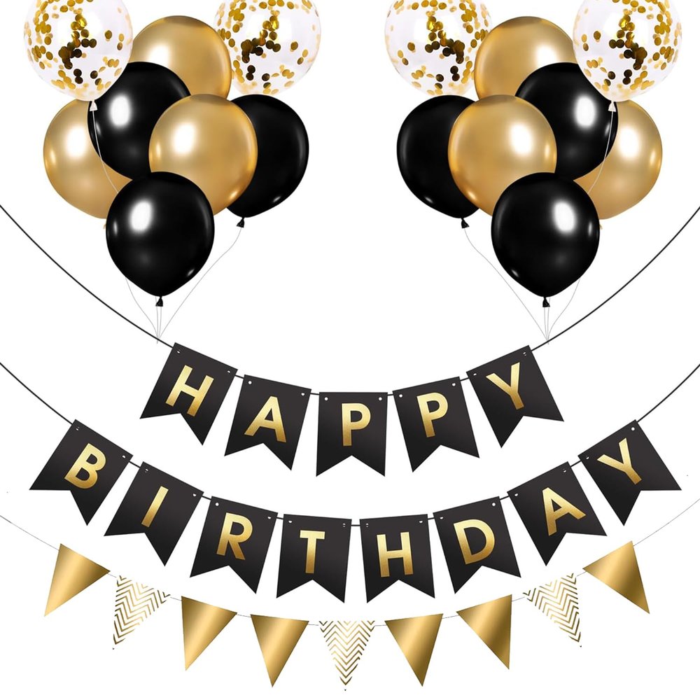 Buygain Happy Birthday Banner and Buntings, Birthday Decorations Black & Gold Set Contains12inch Balloons, Ribbons and Birthday Banners, Happy Birthday Decorations For Men