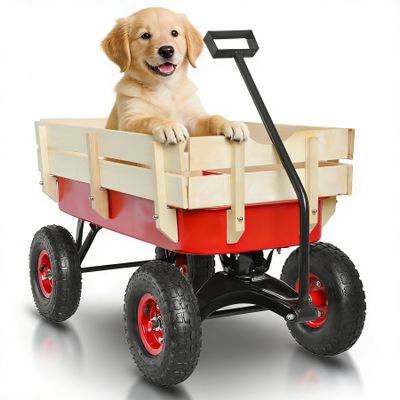 VISRACK All-Terrain Handcart with Removable Wooden Side Panels, Kids Wagon, Heavy-Duty Steel Cart, Foldable Pet Stroller, Ideal Gift for Halloween and Christmas, Red