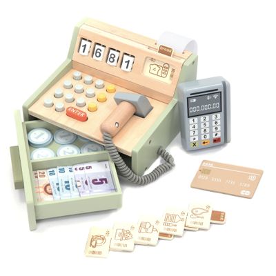 UMU Wooden Cash Register for Kids - Includes Accessories (Scanner, Payment Terminal, Play Money, etc.), Role Play Shop & Accessories for Children Ages 3 4 5 6