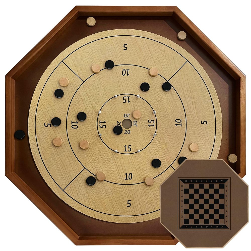 30 Inch Tournament Crokinole Board Game, 2 in 1 Crokinole and Checkers with 26 Playing Surface, Metal Pegs, Wooden Octagon Canadian Tabletop Board Game Krokinole for Families and Friends