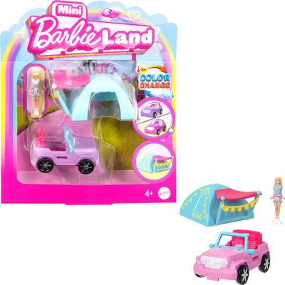 Barbie Mini BarbieLand Playsets with Toy Vehicle & 1.5-inch Doll, SUV with Color-Change Surprise & Tent Accessory
