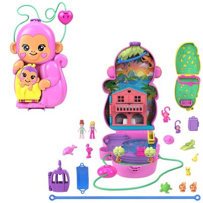 Polly Pocket Dolls & Playset with Pets & 13 Accessories, 2-in-1 Momma Monkey & Baby Wearable Purse & Animal Toy