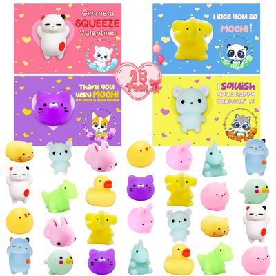 28 Packs Valentines Day Cards for Kids with Mochi Squishy, Squishies Stress Relief Fidget Squeeze Toys for Kids Easter Egg Fillers Classroom Exchange Gifts School Prizes