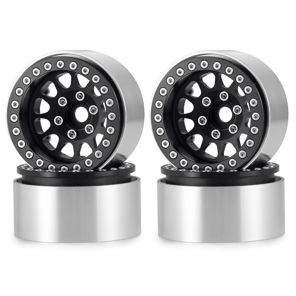 4Pcs RC Wheels 1.9 Aluminum Alloy Beadlock Wheel Rims for TRX4 Series Axial SCX10 AXI03007 RC Crawler Car (Black)