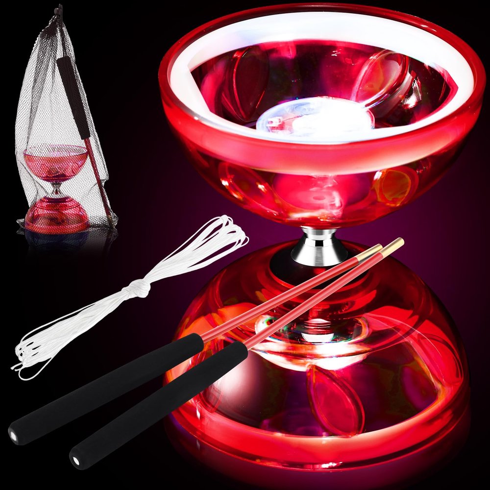 Simgoing Chinese Yoyo LED Diabolo Set Includes Colorful Diabolo Toy Light up Professional Yoyo with 2 Pieces Sticks, 1 Piece String, 1 Net Bag for Fun(Red)