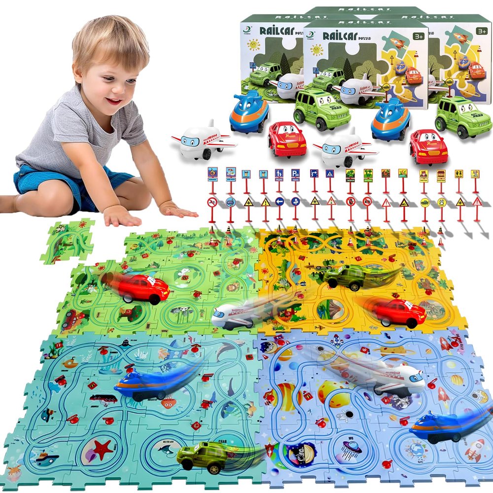 Puzzle Racer Car Track Set with Vehicle & Puzzle Board for Kids Ages 3+ (4 Styles & 8 Vehicles)