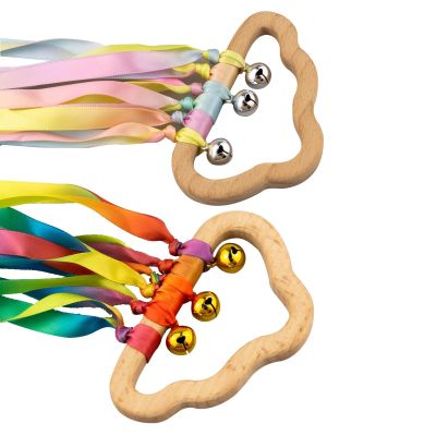 2 Pcs Rainbow Hand Ribbon Kites with Bells - Cloud Rainbow Wind Wand Hand Kite Ribbon - Wooden Sensory Educational Tool for Kids' Birthday Party Gifts