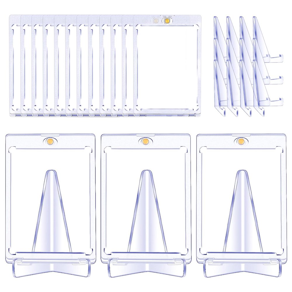 15 Pcs Trading Cards Protectors with 15 Pcs Display Stands Acrylic Baseball Card Holder 35 PT Magnetic Card Protectors for Baseball Football Sports Cards Storage and Display