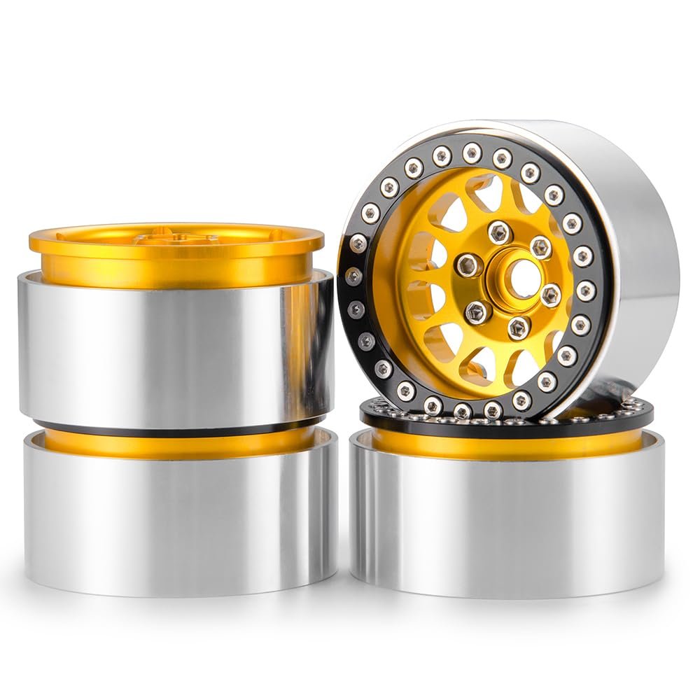 4Pcs RC Wheels 1.9 Aluminum Alloy Beadlock Wheel Rims for TRX4 Series Axial SCX10 AXI03007 RC Crawler Car (Gold + Black)