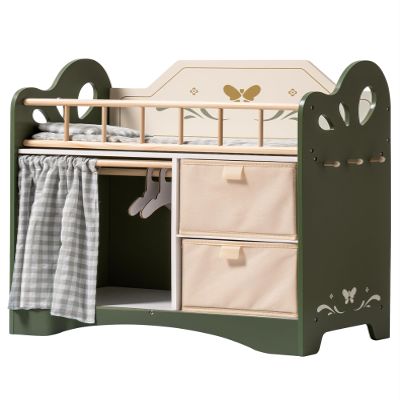 ROBOTIME Baby Doll Crib, Wooden Doll Bed, Toy Baby Crib with Storage, Bedding, and Wooden Hooks, Doll Crib Fits Dolls up to 22, Doll Furniture for American Girls Ages 3+ (Green)