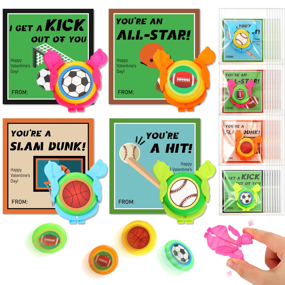 28 Sets Sports Valentines Day Cards Gifts for Kids Football Baseball Basketball Flying Disc Shooter Classroom Exchange Gifts Happy Valentines Day Sports Ball Cards for Boys Girls School Prizes
