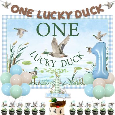 One Lucky Duck Birthday Decorations Mallard Duck 1st Birthday Decorations for One Year Old Boy Girl One Lucky Duck Backdrop Banner Cake Toppers Duck Hunting Farm Animal First Bday Party Supplies