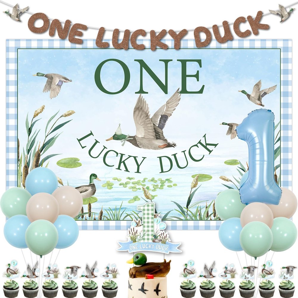 One Lucky Duck Birthday Decorations Mallard Duck 1st Birthday Decorations for One Year Old Boy Girl One Lucky Duck Backdrop Banner Cake Toppers Duck Hunting Farm Animal First Bday Party Supplies