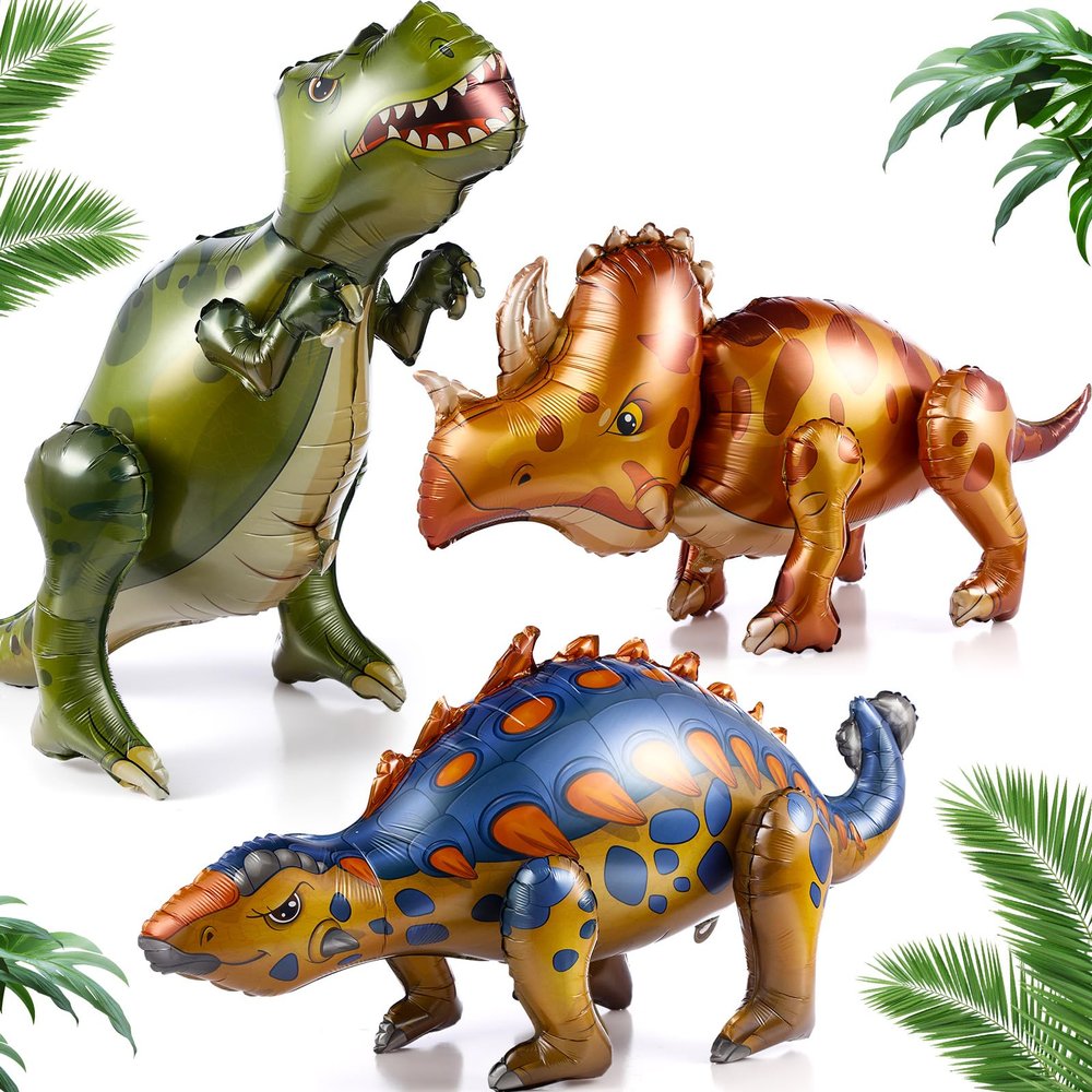 Silipull 3 Pcs Giant 4D Dinosaur Balloon Dino Foil Balloons Inflatable Cute Self Standing Aluminum Dinosaur Balloons for Boys Adults Jungle Dino Theme Baby Shower Birthday Party Decor Gifts Supplies