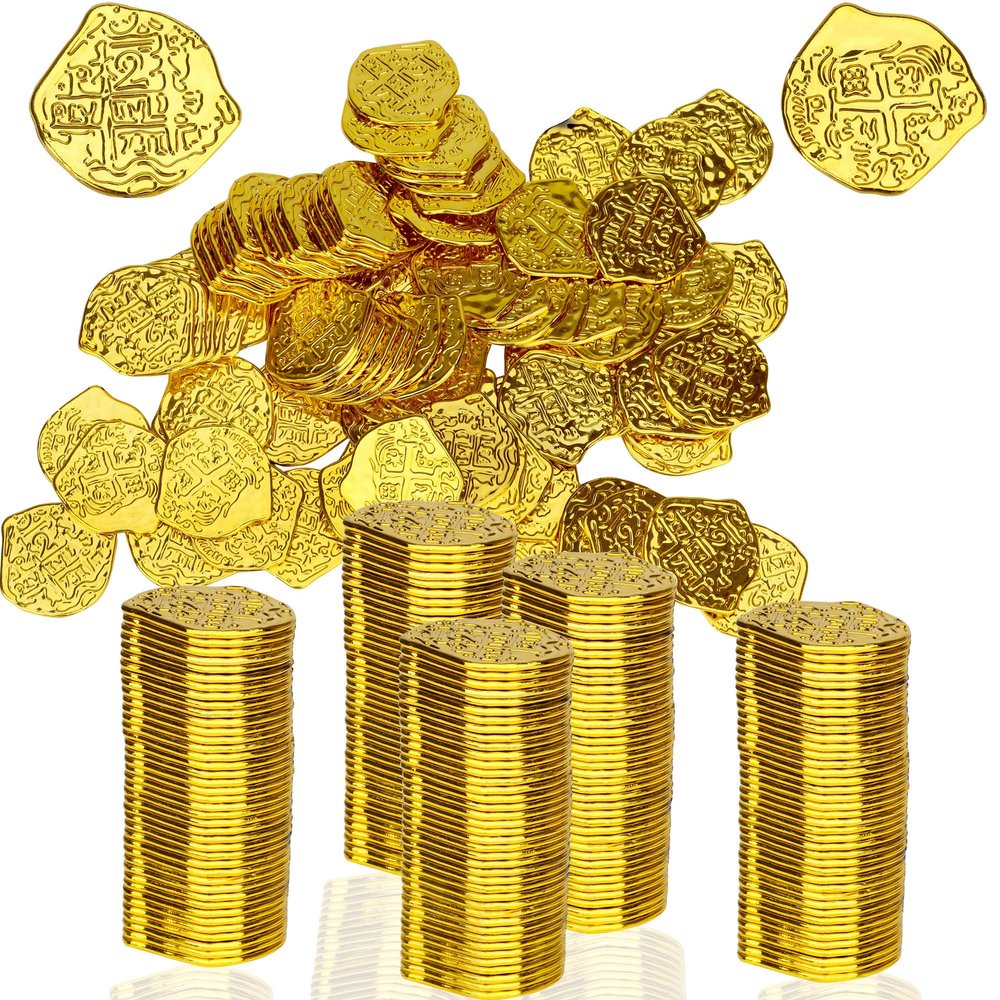 LVYOUIF 100 PCS Pirate Gold Coins Plastic Play Treasure Coins Pirate Treasure Fake Kids Toy Coins Bulk St.Patrick's Coin for Pirate Party Pirate Tokens Coins Toy Irregular Gold