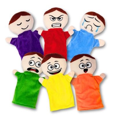 4E's Novelty Feeling Hand Puppets for Kids with 6 Emotions, with Moveable Arms, Soft Plush Hand Puppets for Toddlers, Early Education Toys, Social Emotional Learning Activities - Pack of 6