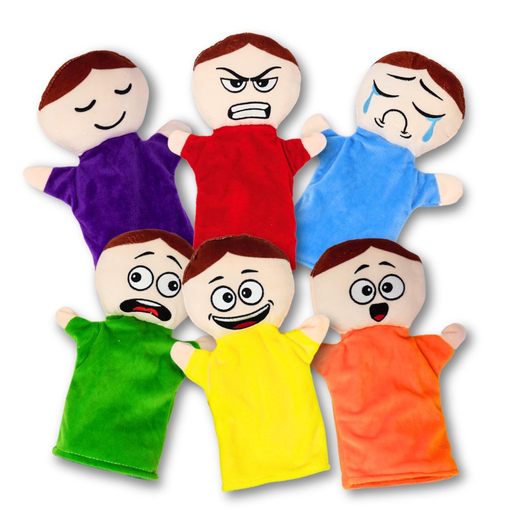 4E's Novelty Feeling Hand Puppets for Kids with 6 Emotions, with Moveable Arms, Soft Plush Hand Puppets for Toddlers, Early Education Toys, Social Emotional Learning Activities - Pack of 6