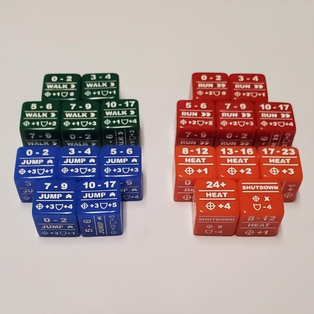 Battletech Movement Modifier and Heat Modifier 20 Dice Bundle/Color Coded Walk Run Jump & Heat Dice