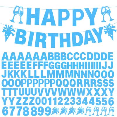 129Pcs DIY Custom Letter Banner Glitter Customizable Banners Kit 0-9 Numbers DIY Boy Happy Birthday Letters Personalized Banner for SeaWorld Theme Birthday Party Decoration Supplies(Dazzling LightBlue)